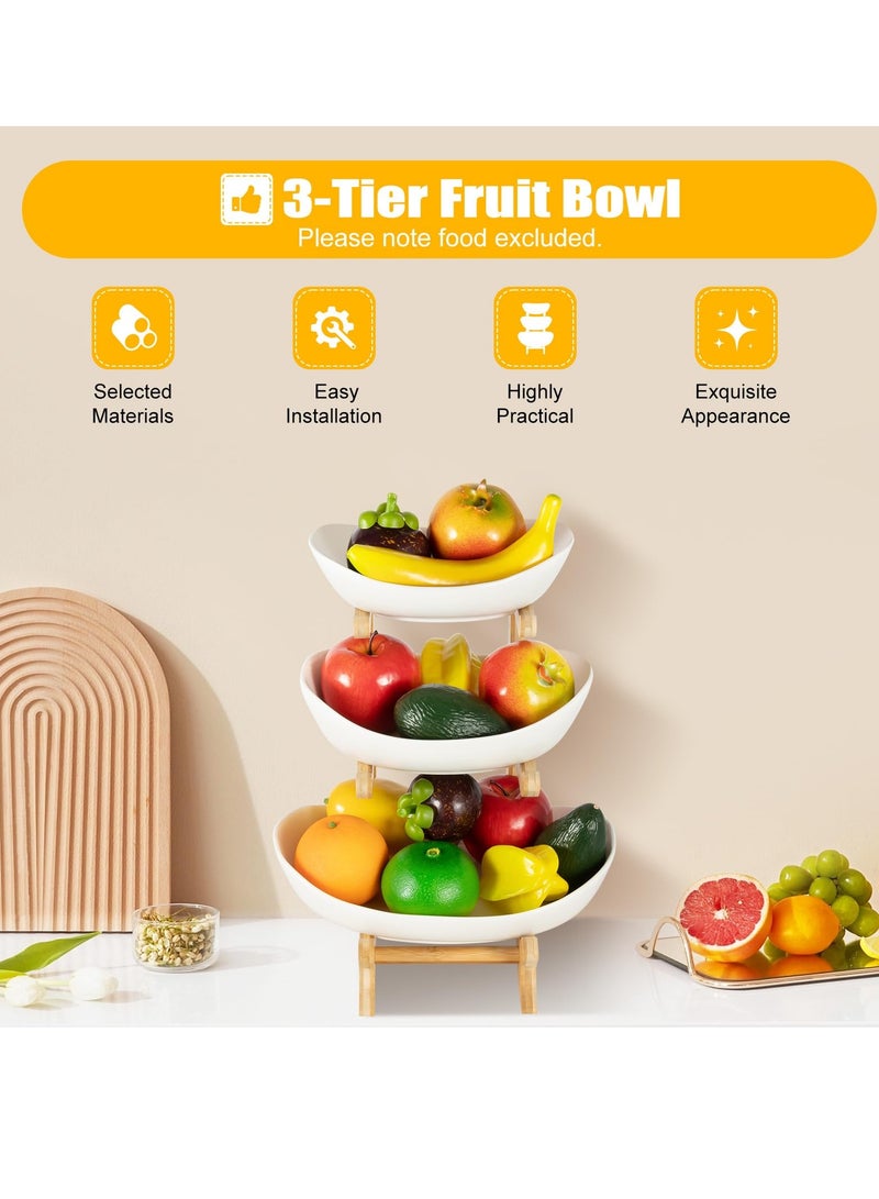 Bukela 3 Tier Fruit Bowl for Kitchen Counter Ceramic Fruit Plate with Bamboo Wooden Frame 3-Tier White Fruit Rack Tiered Fruit Basket for Fruit, Snack, Nuts, Cake, Dessert (White) - Image 2
