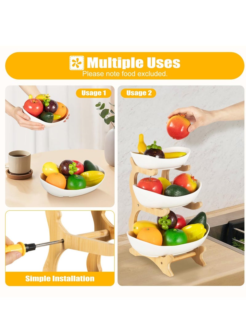 Bukela 3 Tier Fruit Bowl for Kitchen Counter Ceramic Fruit Plate with Bamboo Wooden Frame 3-Tier White Fruit Rack Tiered Fruit Basket for Fruit, Snack, Nuts, Cake, Dessert (White) - Image 5
