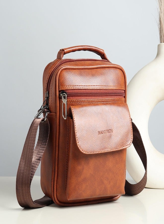 SAMTROH Vegan Leather Small Sling Bag for Men | Chest Slinger Bag | Crossbody Bag| Side Bag Men | Mini Leather Slings | Corporate Gift Item | Passport Sling. (Tan) - Image 2