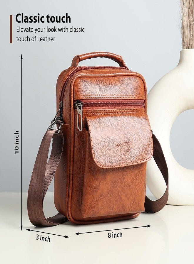SAMTROH Vegan Leather Small Sling Bag for Men | Chest Slinger Bag | Crossbody Bag| Side Bag Men | Mini Leather Slings | Corporate Gift Item | Passport Sling. (Tan) - Image 4