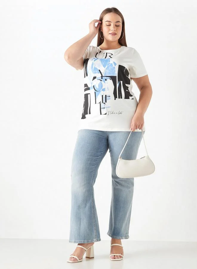 Ulla Popken Plus Size Ulla Popken Printed T-Shirt with Short Sleeves and Round Neck