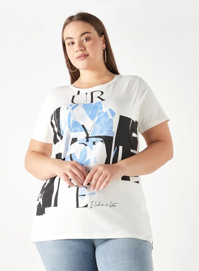 Ulla Popken Plus Size Ulla Popken Printed T-Shirt with Short Sleeves and Round Neck