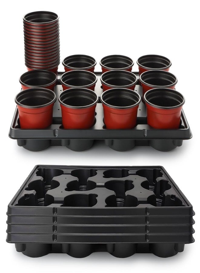 RooTrimmer 4 inch Round Nursery Pots 60pcs, 12 Cell Nursery Pots Trays 5 Pcs, Sturdy Seeds Starting Germination Shuttle Carrying Trays, Small Planter Nursery Propagation 5 Sets - Image 1
