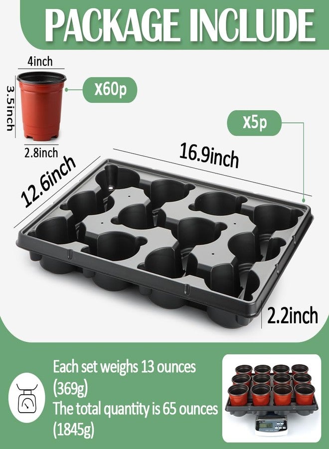 RooTrimmer 4 inch Round Nursery Pots 60pcs, 12 Cell Nursery Pots Trays 5 Pcs, Sturdy Seeds Starting Germination Shuttle Carrying Trays, Small Planter Nursery Propagation 5 Sets - Image 2