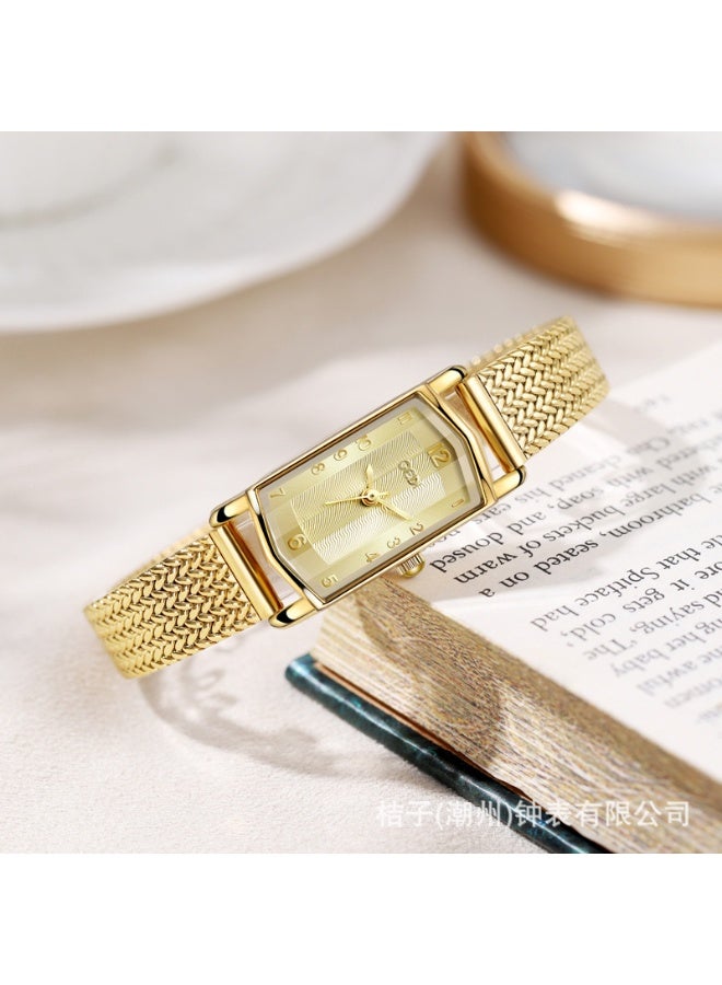 GEDI Women's Gold Weave Bracelet Watch Retro Rectangle Dial Luxury Stainless Steel Ladies Dress Wristwatch