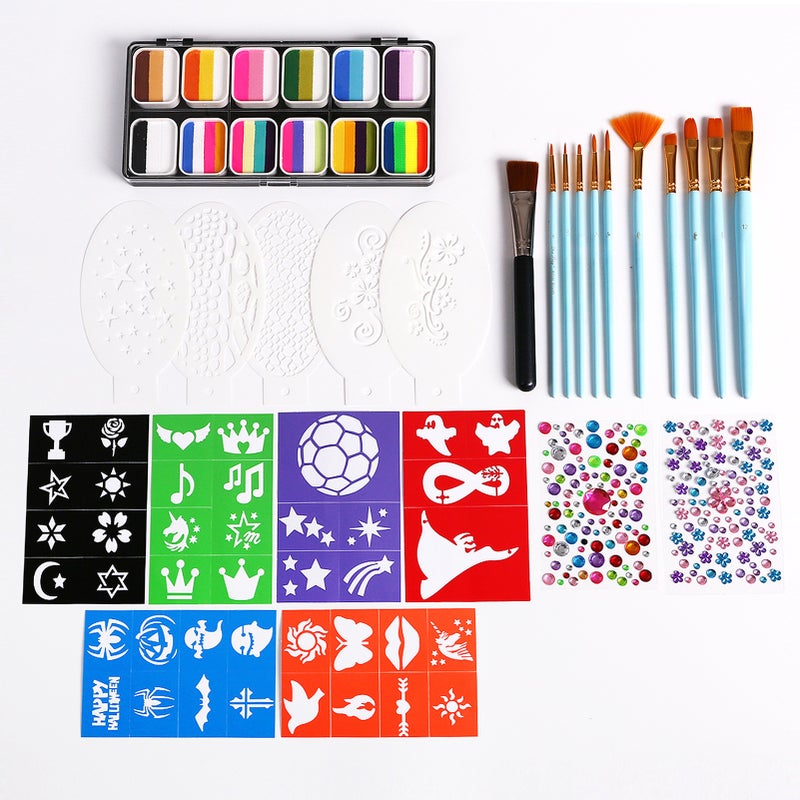 Watercolor Paint Palette Set 12 Colors Set Professional Face Split Cakes with 11 Paintbrushes+11 Stencils+2 Stickers Safe& Water Activated Face and Body Painting Makeup Face - Image 1