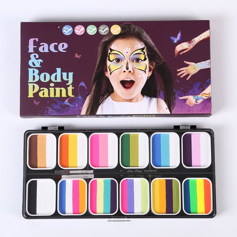 Watercolor Paint Palette Set 12 Colors Set Professional Face Split Cakes with 11 Paintbrushes+11 Stencils+2 Stickers Safe& Water Activated Face and Body Painting Makeup Face - Image 4