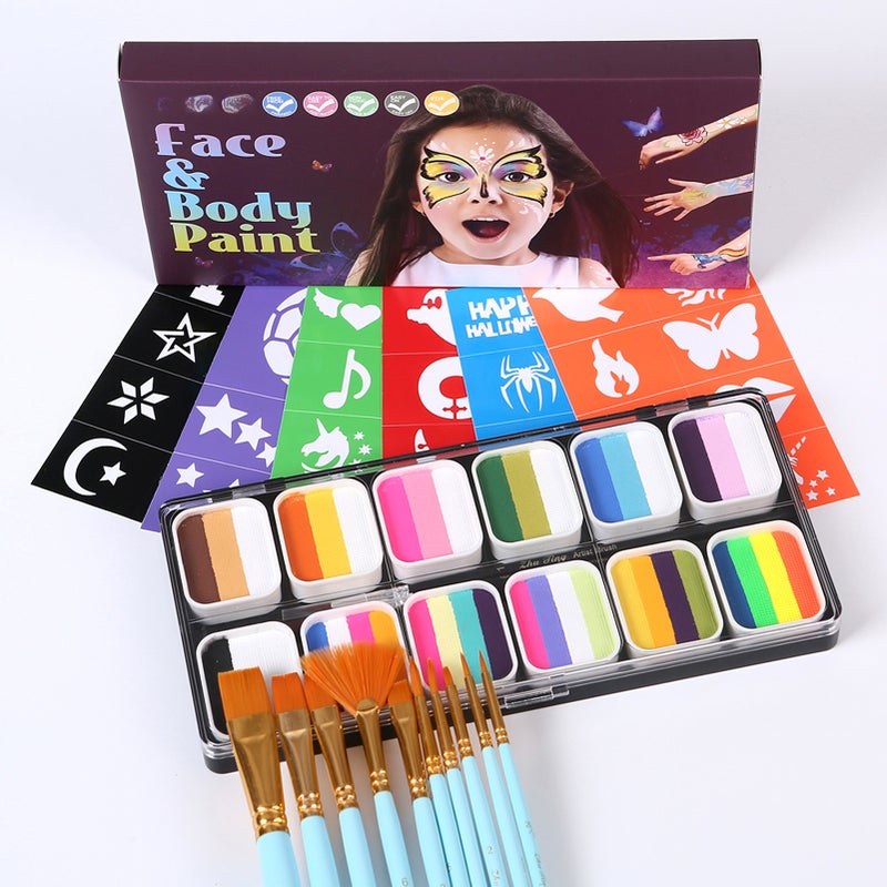 Watercolor Paint Palette Set 12 Colors Set Professional Face Split Cakes with 11 Paintbrushes+11 Stencils+2 Stickers Safe& Water Activated Face and Body Painting Makeup Face - Image 5