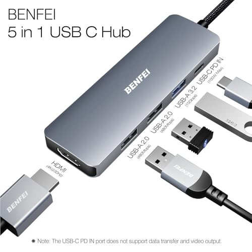 BENFEI USB C Hub 5-in-1 with 4K HDMI(Certified), 100W Power Delivery, 3 USB-A, Silicone Cable, Aluminum Case Compatible with MacBook Pro/Air, iPad Pro, iMac, iPhone 15 Pro/Pro Max, XPS, Thinkpad - Image 3