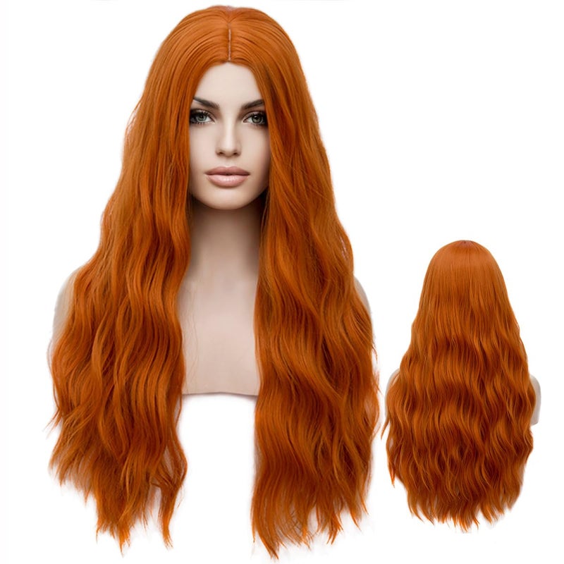 27 Inches Orange Wig Long Wavy Wig Dark Orange Wig for Women Girls Milddle Part Ginger Wig Heat Resistant Synthetic Hair Cosplay Wig Orange