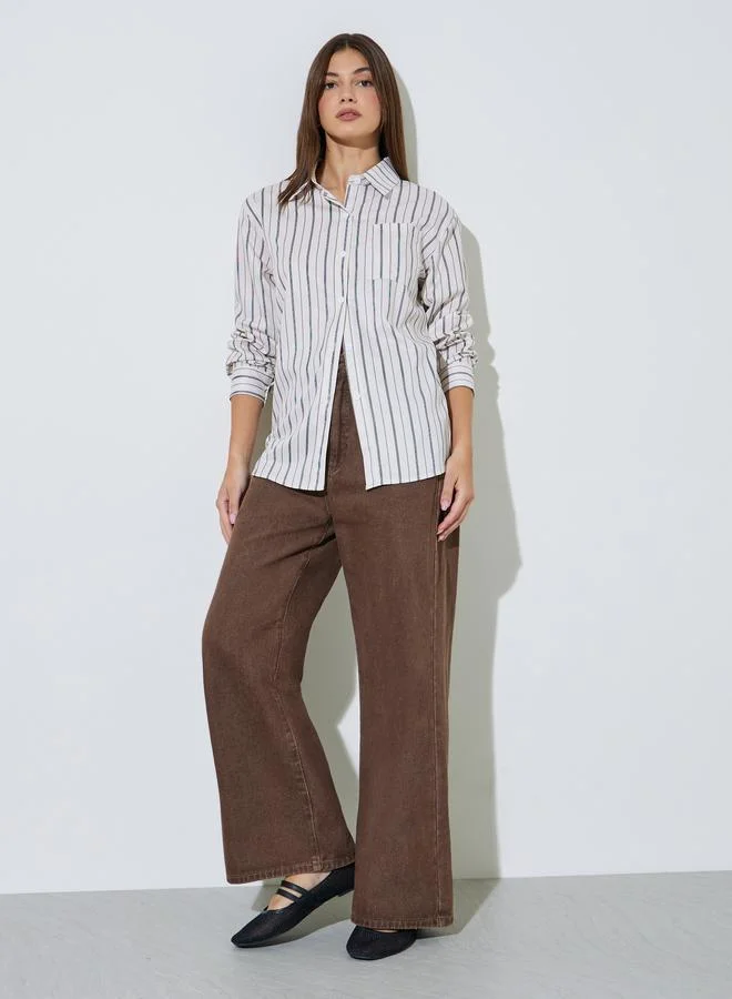 Styli Off White Longline Striped Shirt