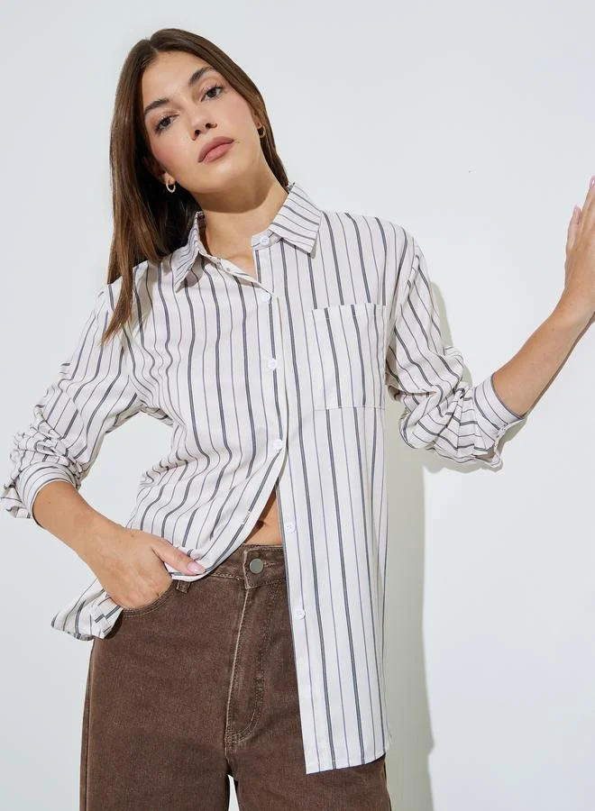 Styli Off White Longline Striped Shirt