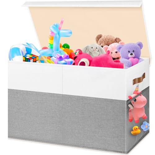 Mabahoo Large Toy Box Collapsible Sturdy Storage Chest With Lids Kids Toy Chest Storage Organizer Toddler Bin Boxes for Living Room Bedroom Nursery 25x13x16 White Gray - Image 1