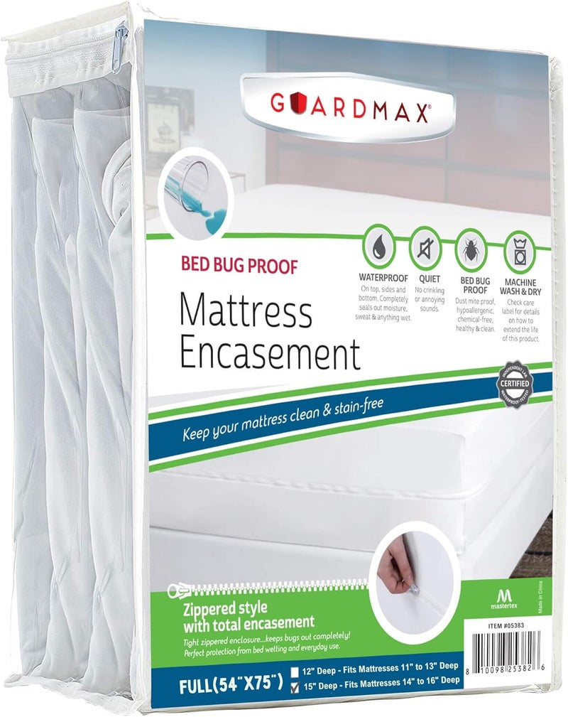 Guardmax Jersey Knitted Full Zippered Mattress Encasement with Deep Pockets - Waterproof & Bed Bug Proof Mattress Protector - Comfortable, Soft, and Noiseless Zippered Bedding - (54 x 75 x 15) - Image 1