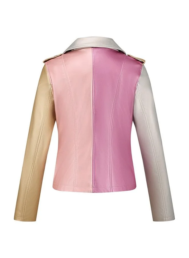 Take Two Color Block Zip Up Biker Jacket