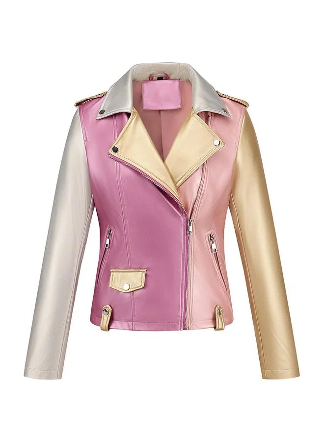 Take Two Color Block Zip Up Biker Jacket