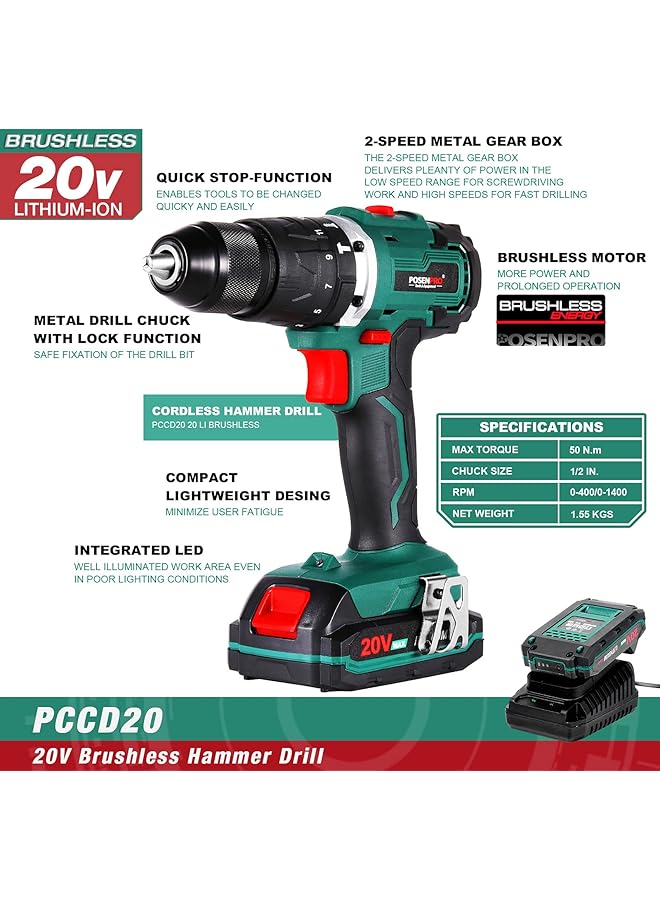 إيروريكس مثقاب لاسلكي بدون فرشاة 20 فولت مع 2 قطعة بطارية 2.0 أمبير مجموعة مثقاب كومبي 50 نيوتن متر مفك براغي كهربائي 19+3 عزم دوران 2 سرعة متغيرة 1 2 بوصة مثقاب تأثير معدني - Image 2