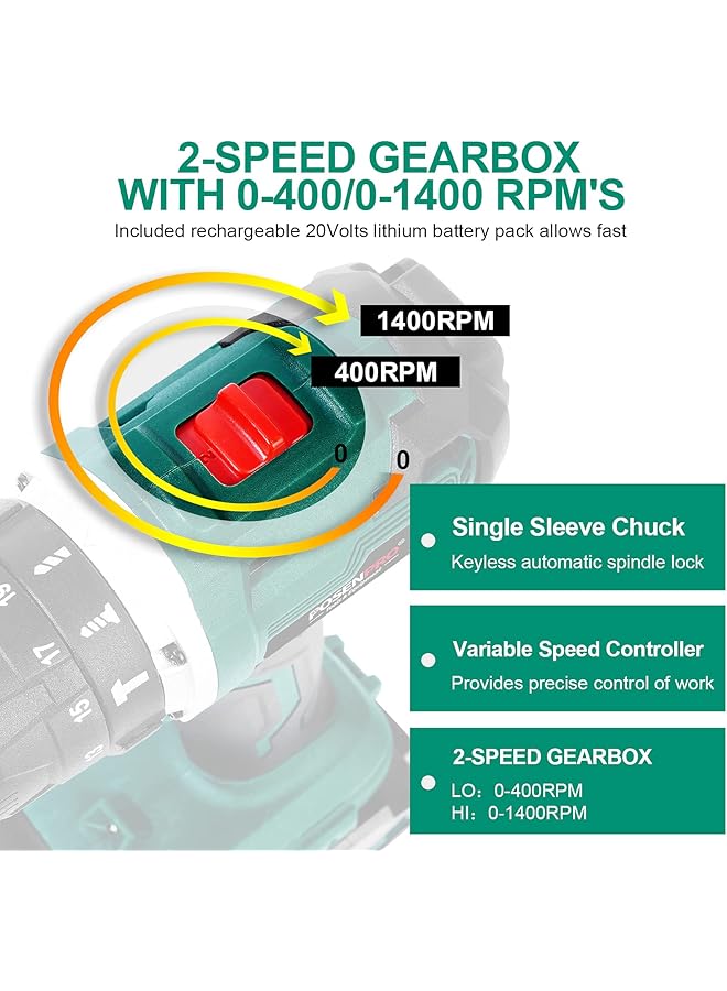 إيروريكس مثقاب لاسلكي بدون فرشاة 20 فولت مع 2 قطعة بطارية 2.0 أمبير مجموعة مثقاب كومبي 50 نيوتن متر مفك براغي كهربائي 19+3 عزم دوران 2 سرعة متغيرة 1 2 بوصة مثقاب تأثير معدني - Image 5