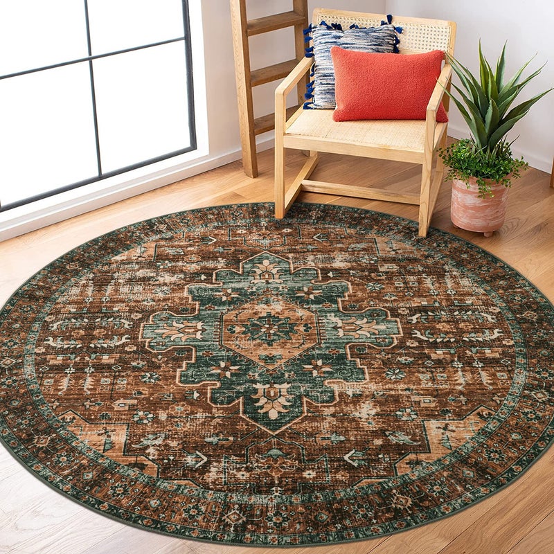 Moynesa UltraThin Washable Round Rug 5ft Entryway Round Rug Vintage Kitchen Mat NonSlip NonShedding Stain Resistant Bedroom Carpet for Indoor Living Dining Room Coffee Table Nursery
