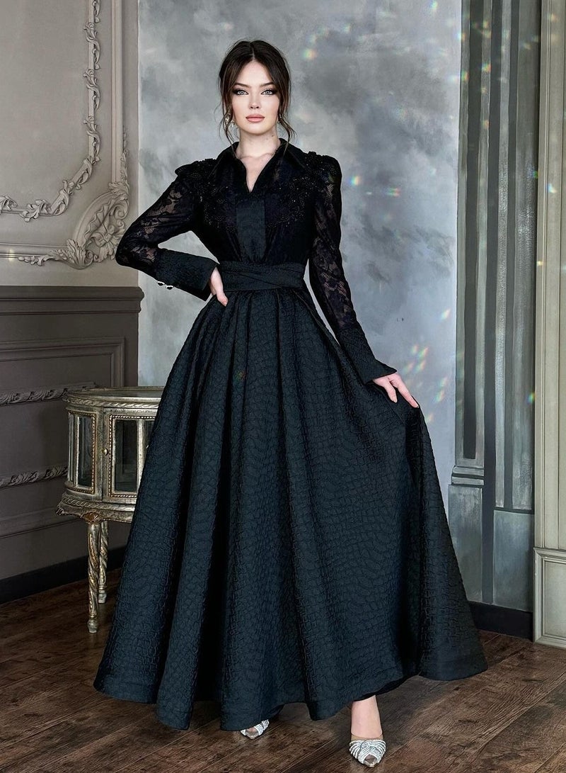 NIBEMINENT Black Beaded Lace Chiffon French Retro Long-sleeved Fashionable Slim-fitting Dress For Women - Image 1