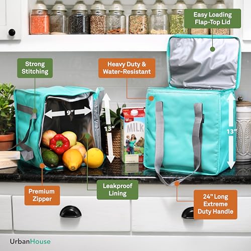 urbanhouse Urban House (2-Pack) Premium Grade Insulated Grocery Shopping Cooler Bag with Heavy Wall Insulation and Zipper Top Lid Keeps Food Cold or Hot, Large (13" W x 9" D x 13" H) 6.5 Gallon capacity - Image 3