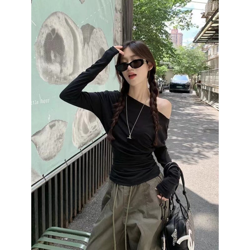 Pure Desire Girl Slim Fit Irregular Off-Shoulder Long Sleeve T-Shirt Women'S Early Autumn Design Solid Color Easiest For Match Top Ins - Image 5