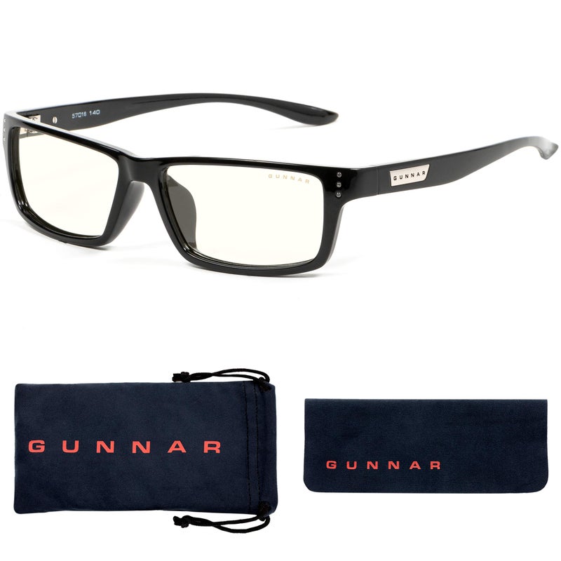 GUNNAR Premium Gaming and Computer Glasses Blocks 35 Blue Light Riot Onyx Clear Tint lens width 57 mm nose 16 mm frame width 149 mm temple 140 mm