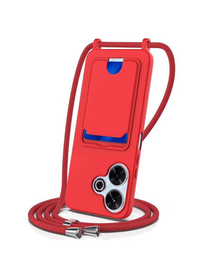 اس-توب جراب لهاتف Redmi 13 4G / 5G / Note 13R 5G مع حقيبة بطاقات مدمجة بلون سادة من السيليكون السائل مع حبل - Image 1