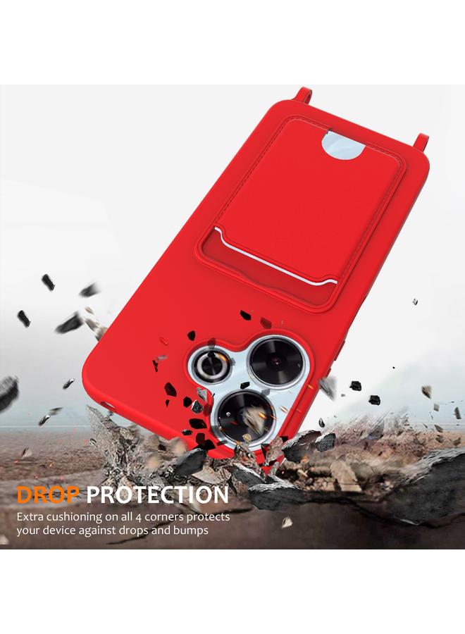 اس-توب جراب لهاتف Redmi 13 4G / 5G / Note 13R 5G مع حقيبة بطاقات مدمجة بلون سادة من السيليكون السائل مع حبل - Image 2