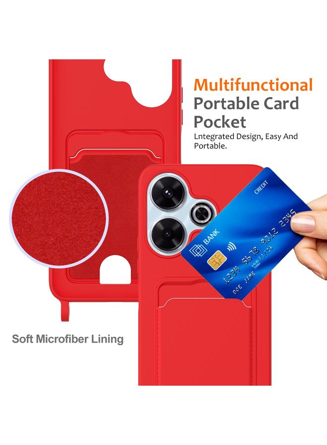 اس-توب جراب لهاتف Redmi 13 4G / 5G / Note 13R 5G مع حقيبة بطاقات مدمجة بلون سادة من السيليكون السائل مع حبل - Image 4