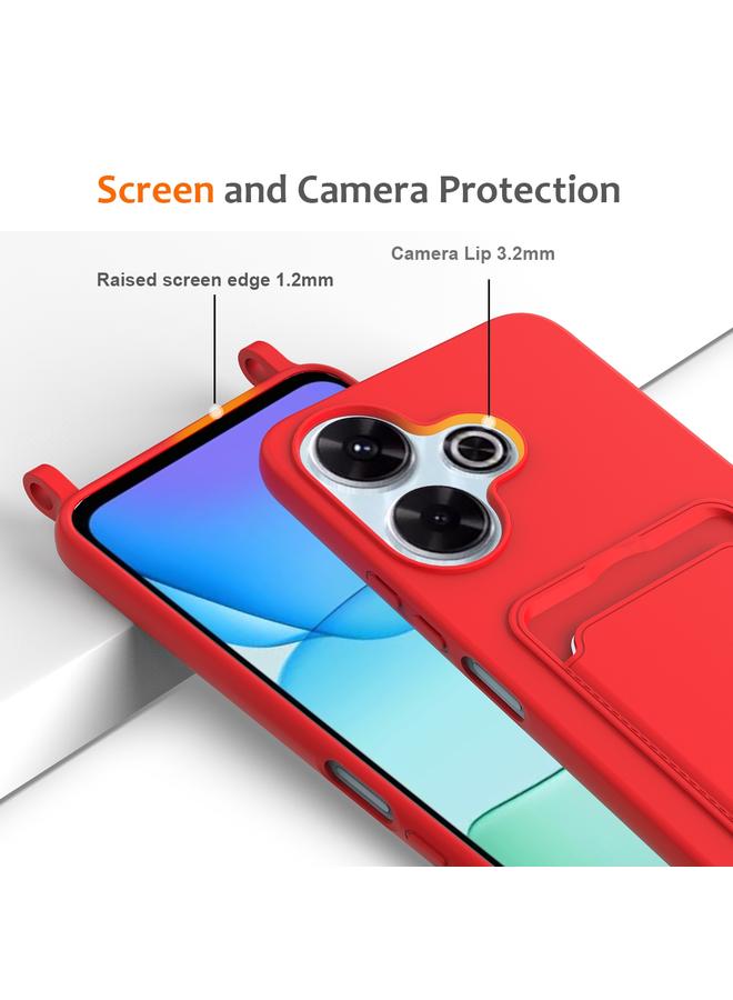 اس-توب جراب لهاتف Redmi 13 4G / 5G / Note 13R 5G مع حقيبة بطاقات مدمجة بلون سادة من السيليكون السائل مع حبل - Image 5