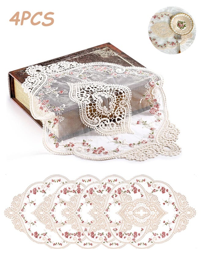 Quantum 4 PCS Place Mats, Vintage Oval Lace Table Placemats, Embroidered Dinning Table Place Mats for Home Kitchen Wedding Decoration - Image 1