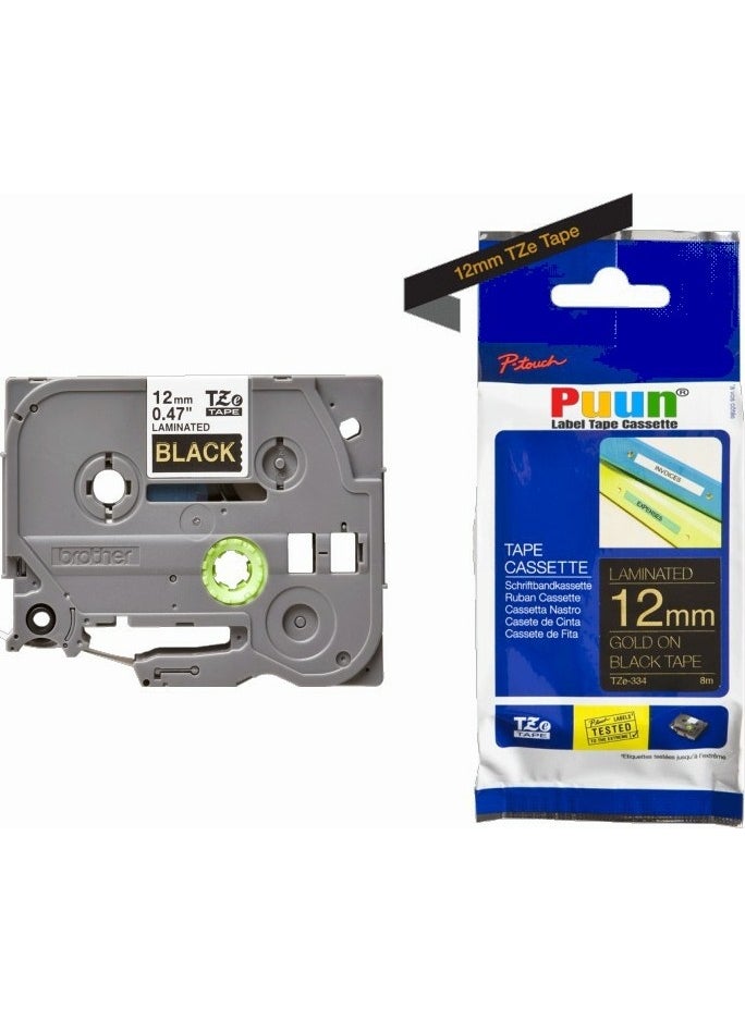 Puun Brother P-Touch TZE-334 12MM x 8m Gold on Black Gold Equivalent Lamination Label Strip 