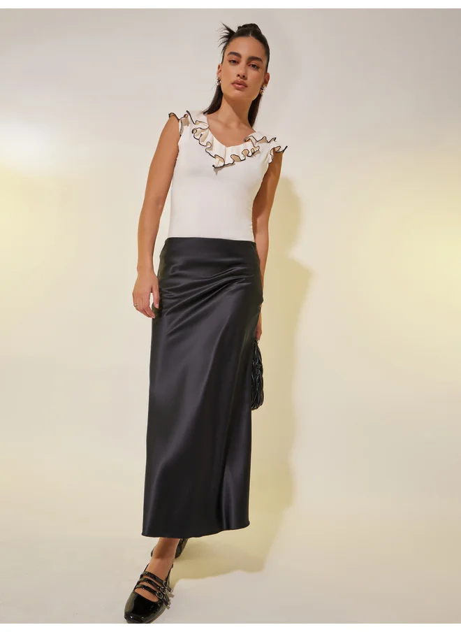 تايك تو Take Two Solid V-Neck with Contrast Ruffles Knit Top