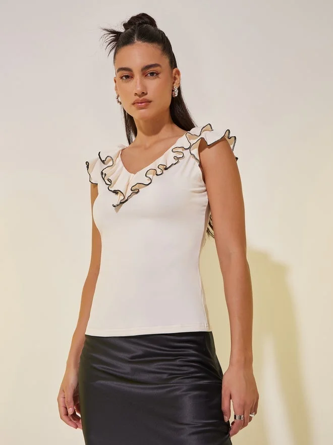 Take Two Solid V-Neck with Contrast Ruffles Knit Top