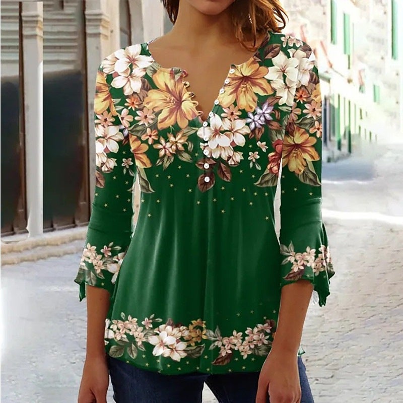 Sleeve Ruili T-Shirt Fashion Collar Three-Quarter V Floral Print Summer New Style - Image 3