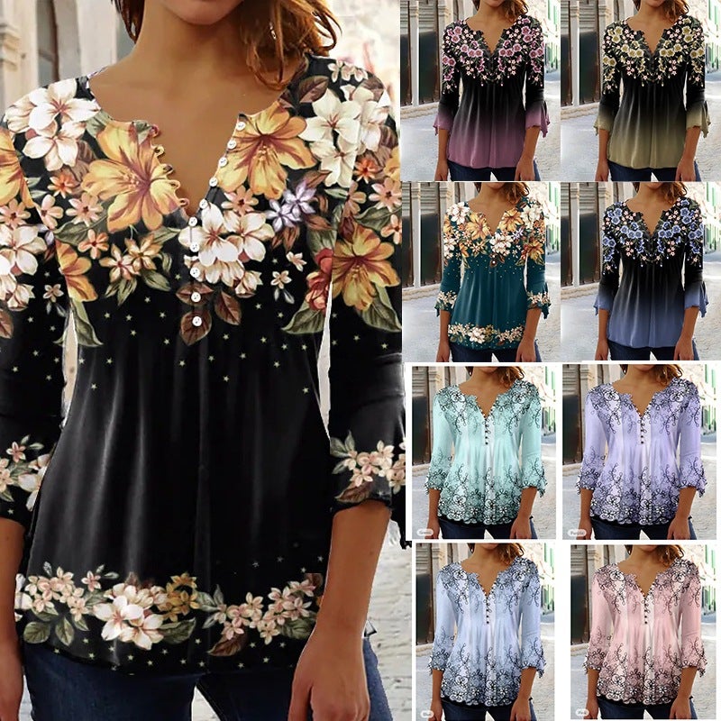 Sleeve Ruili T-Shirt Fashion Collar Three-Quarter V Floral Print Summer New Style - Image 1