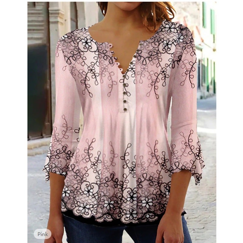 Sleeve Ruili T-Shirt Fashion Collar Three-Quarter V Floral Print Summer New Style - Image 5