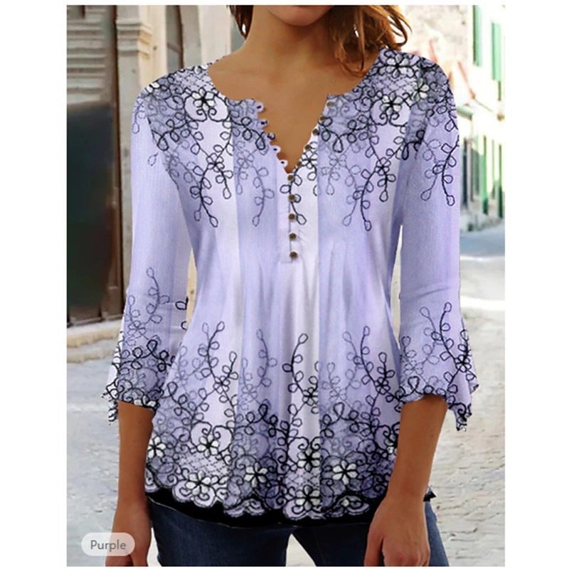 Sleeve Ruili T-Shirt Fashion Collar Three-Quarter V Floral Print Summer New Style - Image 4