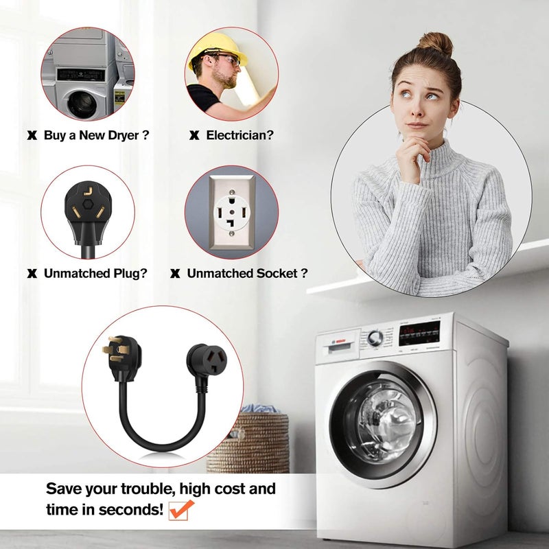 WELLUCK 1.5FT 3 Prong to 4 Prong Dryer Adapter, 3 to 4 Prong Dryer Plug Adapter, 4 Prone Dryer Outlet Adapter, 14-30P Male to 10-30R Female Receptacle for Old Clothes Dryer Converter, 30A, 250V - Image 3