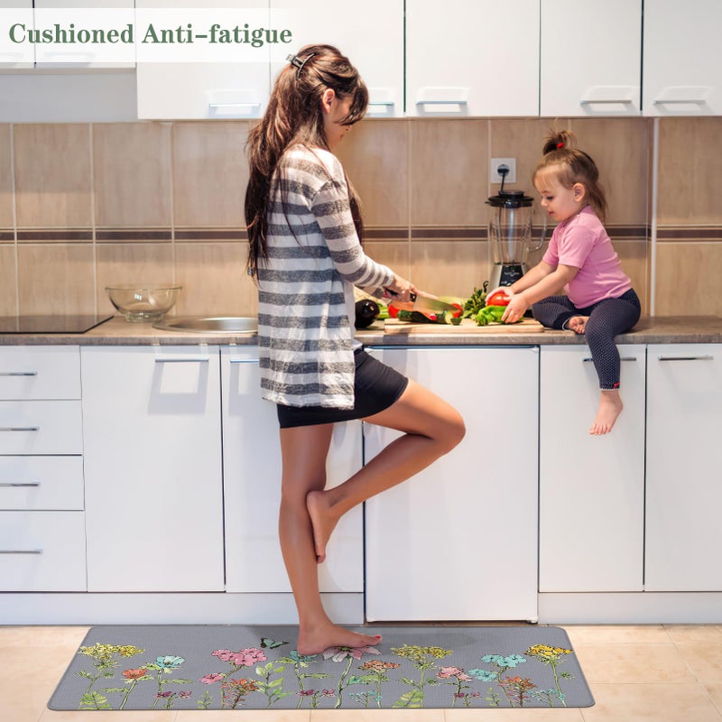 Serwrsw Kitchen Mats for Floor 2 Piece Grey, Colorful Flower Butterfly Kitchen Floor Mats for in Front of Sink, Floral Kitchen Rugs Non Slip Washable - Image 2