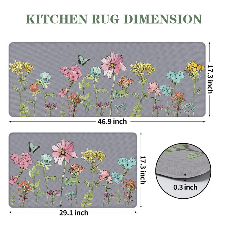 Serwrsw Kitchen Mats for Floor 2 Piece Grey, Colorful Flower Butterfly Kitchen Floor Mats for in Front of Sink, Floral Kitchen Rugs Non Slip Washable - Image 4