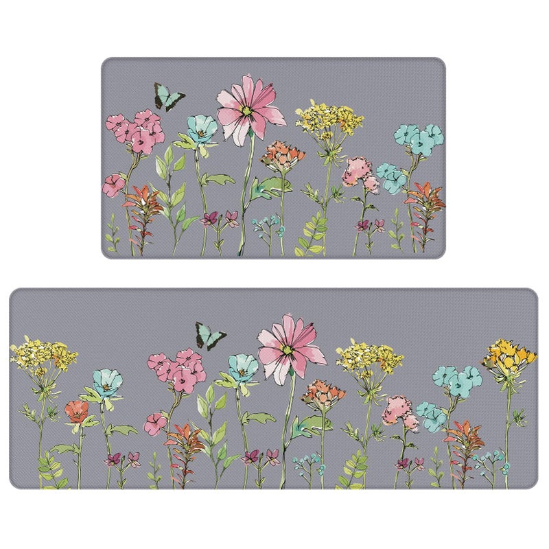 Serwrsw Kitchen Mats for Floor 2 Piece Grey, Colorful Flower Butterfly Kitchen Floor Mats for in Front of Sink, Floral Kitchen Rugs Non Slip Washable - Image 1