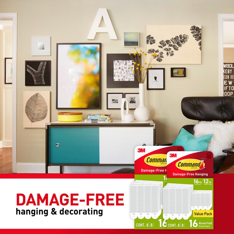 Command Medium and Large Picture Hanging Strips, Damage Free Hanging Picture Hangers, No Tools Wall Hanging Strips for Living Spaces, White, 16 Medium Pairs and 16 Large Pairs (64 Total) - Image 4