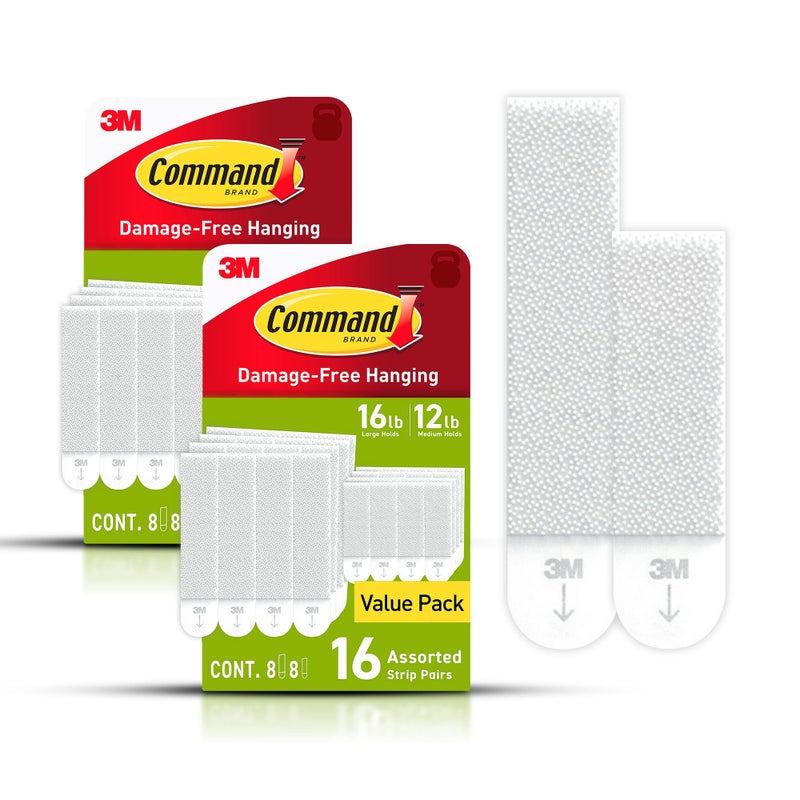 Command Medium and Large Picture Hanging Strips, Damage Free Hanging Picture Hangers, No Tools Wall Hanging Strips for Living Spaces, White, 16 Medium Pairs and 16 Large Pairs (64 Total) - Image 1
