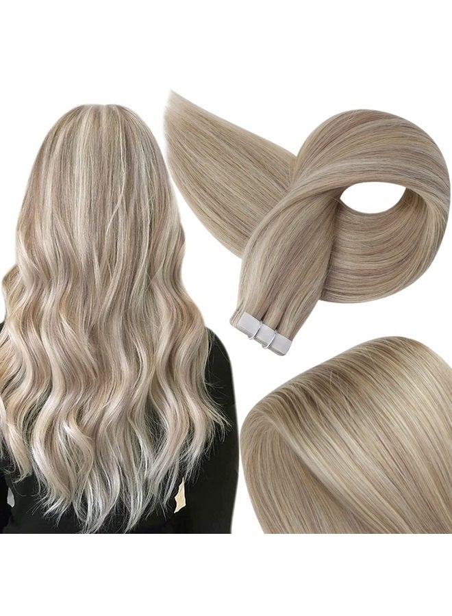 Fshine Full Shine Human Hair Tape in Extensions 22 Inch Double Sided Tape Hair Extensions Real Hair Color 18 Ash Blonde Highlight 22 Light Blonde 50 Grams Glue in Extensions Human Hair - Image 1