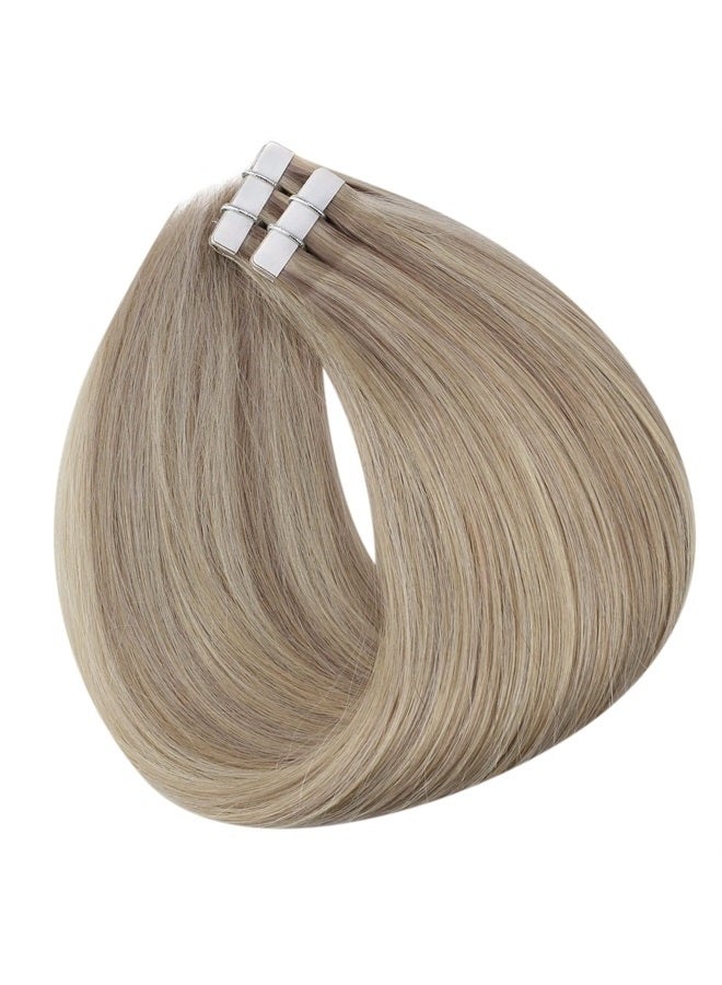 Fshine Full Shine Human Hair Tape in Extensions 22 Inch Double Sided Tape Hair Extensions Real Hair Color 18 Ash Blonde Highlight 22 Light Blonde 50 Grams Glue in Extensions Human Hair - Image 5