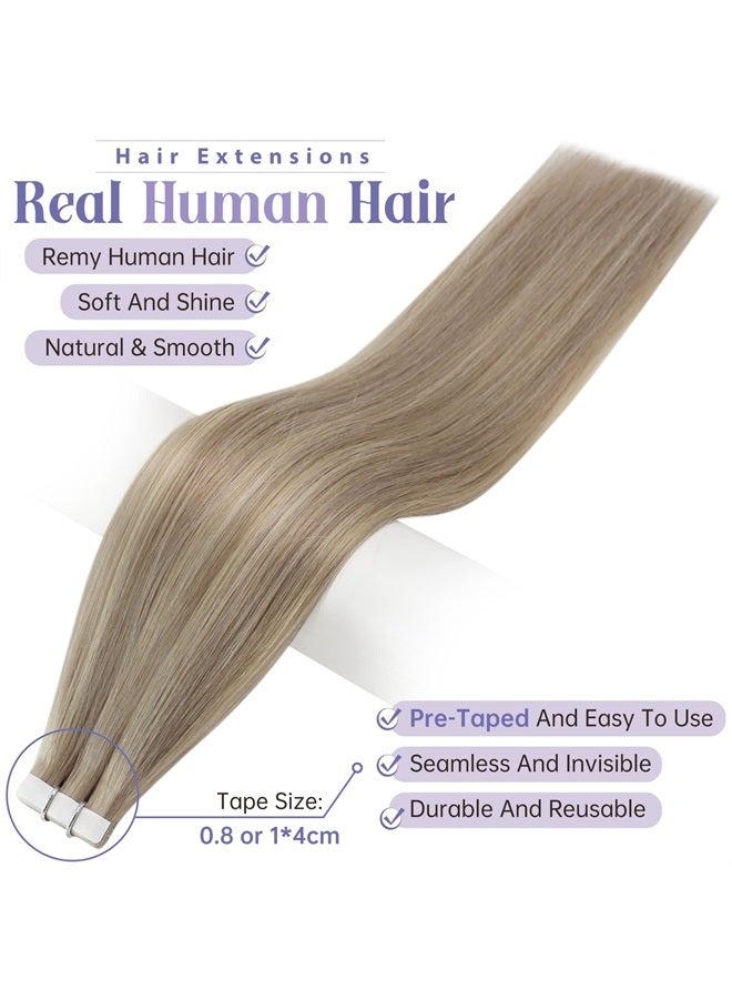Fshine Full Shine Human Hair Tape in Extensions 22 Inch Double Sided Tape Hair Extensions Real Hair Color 18 Ash Blonde Highlight 22 Light Blonde 50 Grams Glue in Extensions Human Hair - Image 2