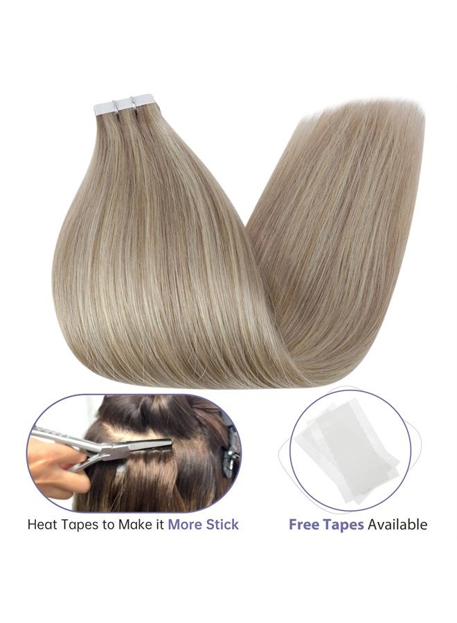 Fshine Full Shine Human Hair Tape in Extensions 22 Inch Double Sided Tape Hair Extensions Real Hair Color 18 Ash Blonde Highlight 22 Light Blonde 50 Grams Glue in Extensions Human Hair - Image 3