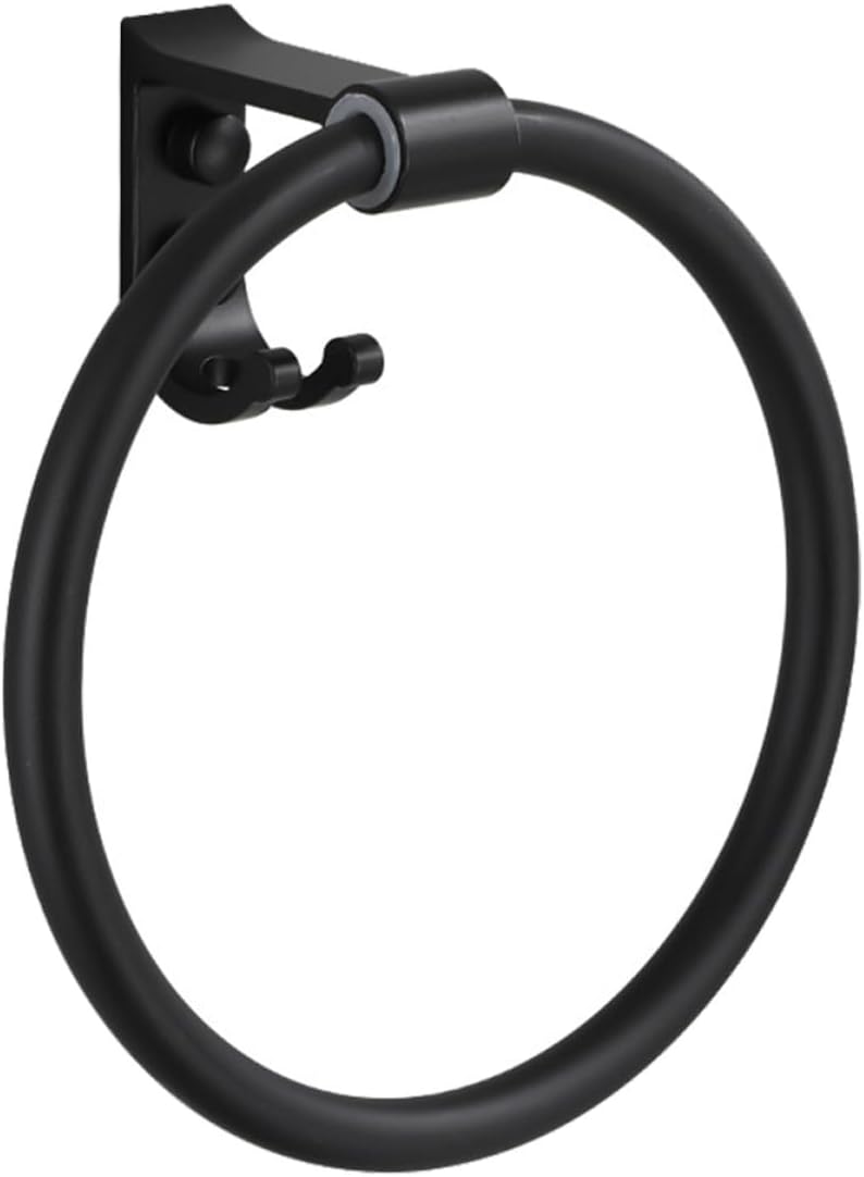 Matte Black Hanging Towel Ring with Hook Waterproof Aluminum Wall-Mounted Towel Rack for Bathroom - Image 1